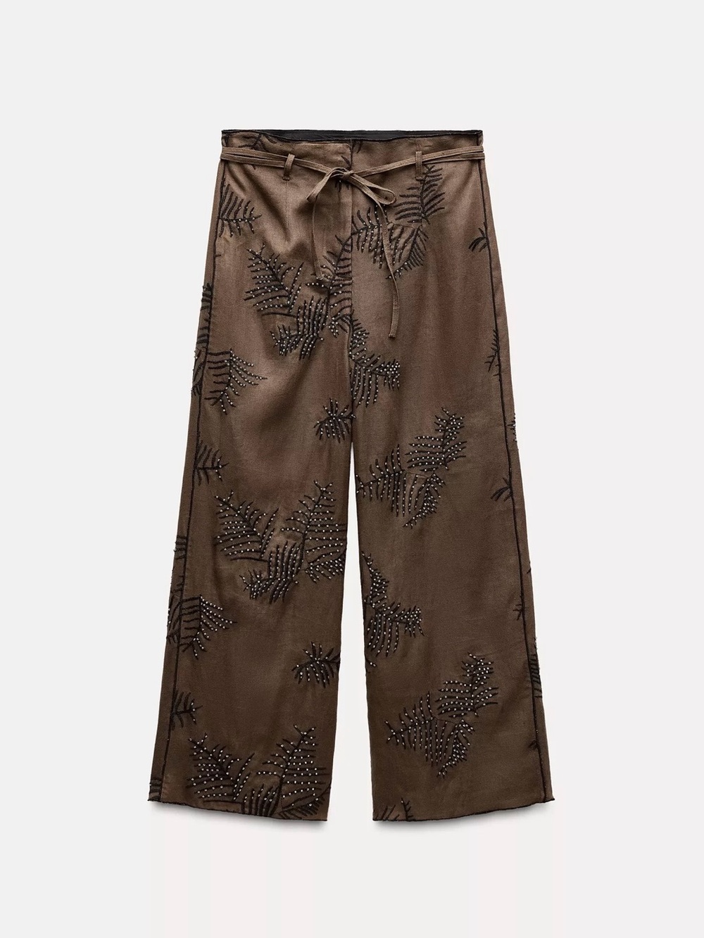 Zara Brown Wide-Leg Satin Pants with Beaded Fern Detail